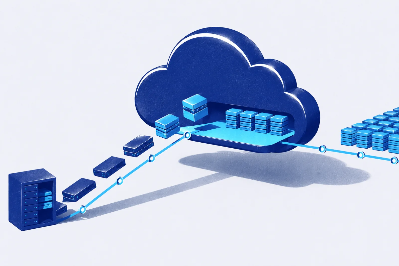 Illustration of a server rack connected by a route line to a cloud holding stacked server blocks