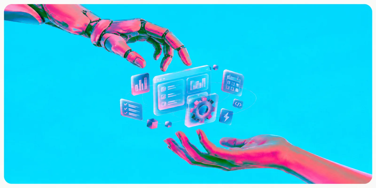 Illustration of a robotic hand and a human hand reaching toward a floating app interface with charts, checklists, and workflow icons