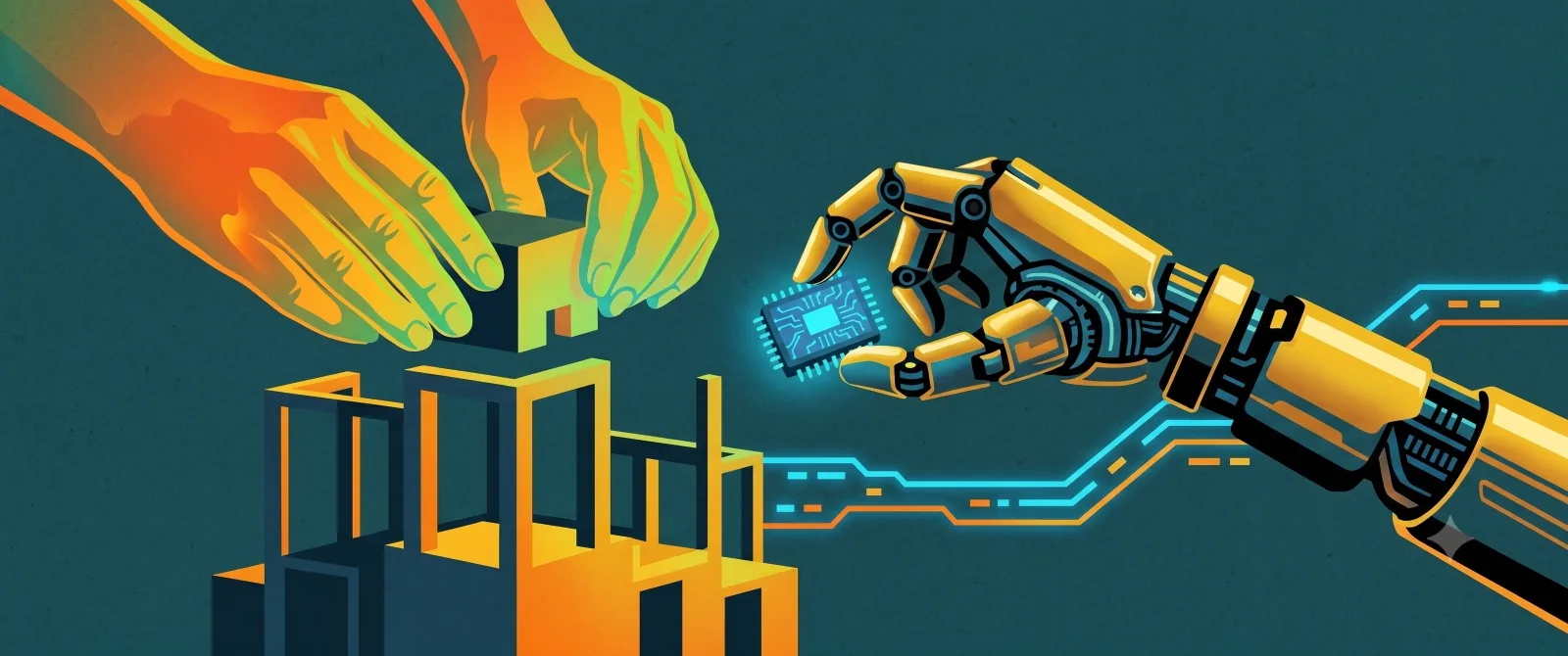 Illustration of two hands assembling a chip onto a partially built structure, representing building a minimum viable product