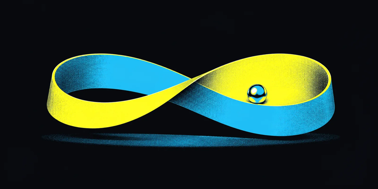 Illustration of a yellow and blue infinity loop with a ball rolling through it, representing continuous workflow automation