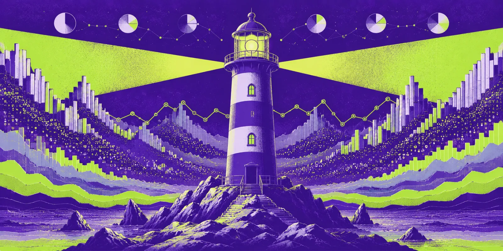 Illustration of a lighthouse surrounded by bar charts, a trend line, and pie charts, representing Zoho Analytics reporting